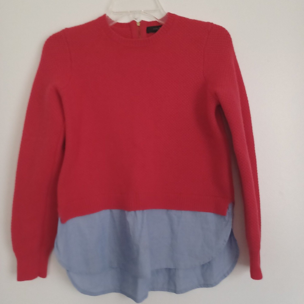 J. Crew Red‎ Waffle Knit Crew Neck Sweater W/ Blue Shirttail Tunic, Size Small